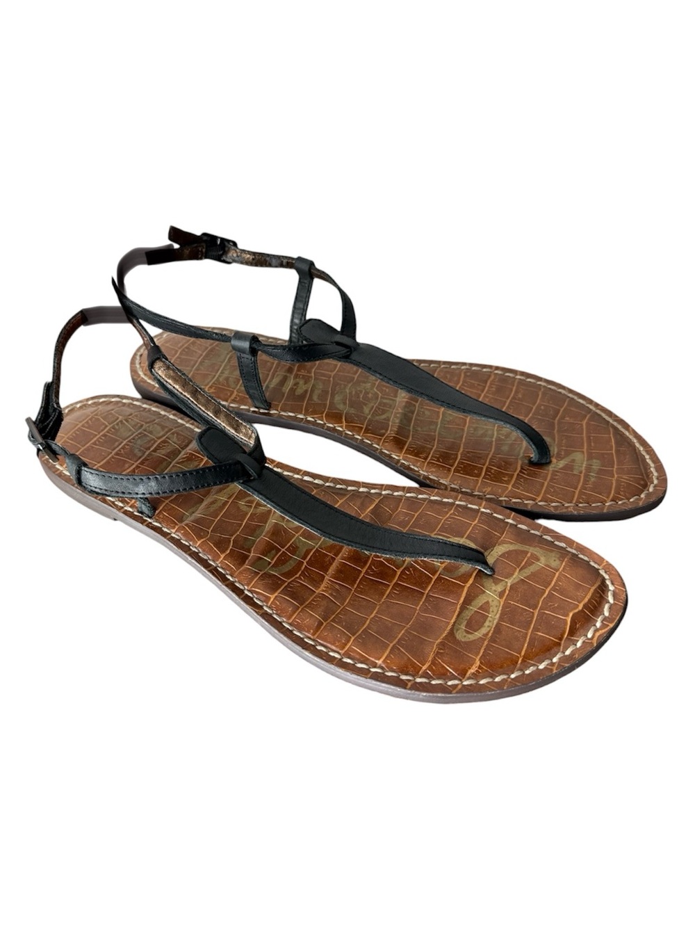 SAM EDELMAN Black Leather Gigi Sandals Flat Thong Gladiator Sling Back Size 9.5 - Picture 2 of 12